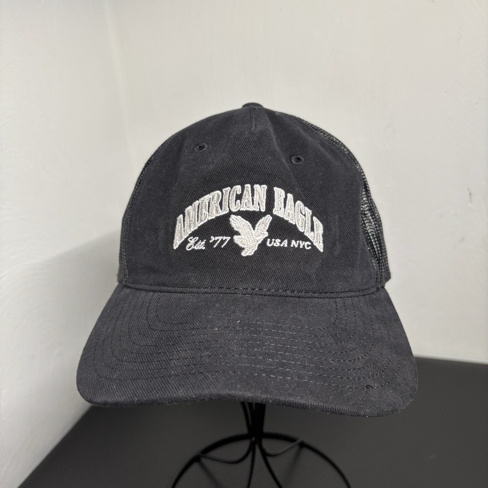 American Eagle Outfitters Black‎ Trucker Hat White Logo Snapback USA NYC Unisex